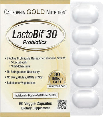 California Gold Nutrition Lactobif 30 Probiotics, 30 Billion Cfu, 60 Veggie Capsules