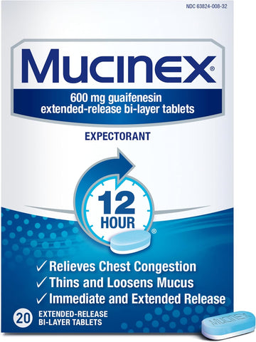 Mucinex 12 Hour 600 Mg Guaifenesin Extended-Release Tablets For Excess Mucus Relief, Expectorant Aids Excess Mucus Removal, Chest Congestion Relief, 20 Bi-Layer Tablets