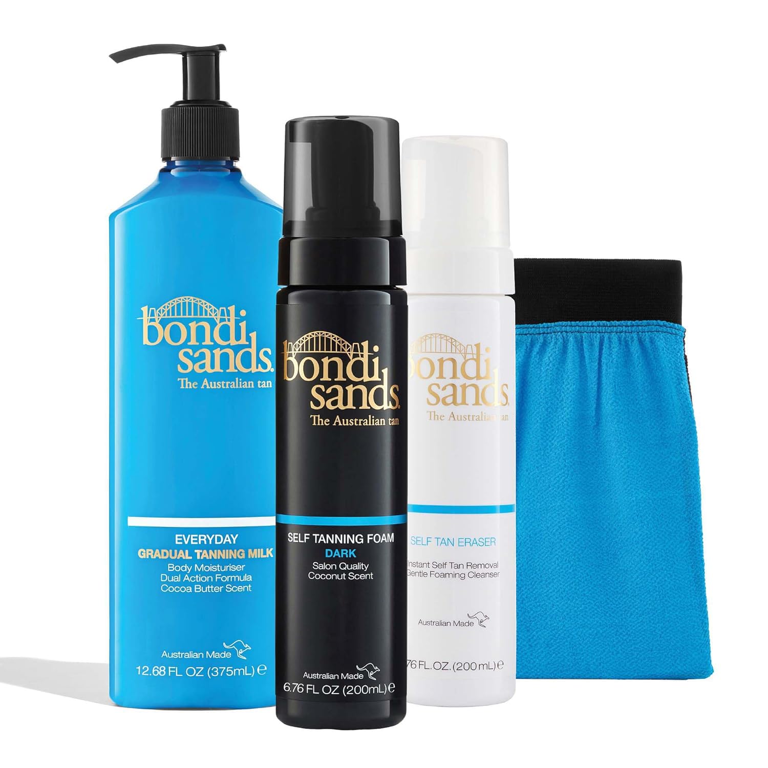 Bondi Sands Prep and Glow Bundle | Includes Self Tan Eraser, Exfoliation Mitt, Dark Sunless Foam + Everyday Gradual Tanning Milk ($76 Value)