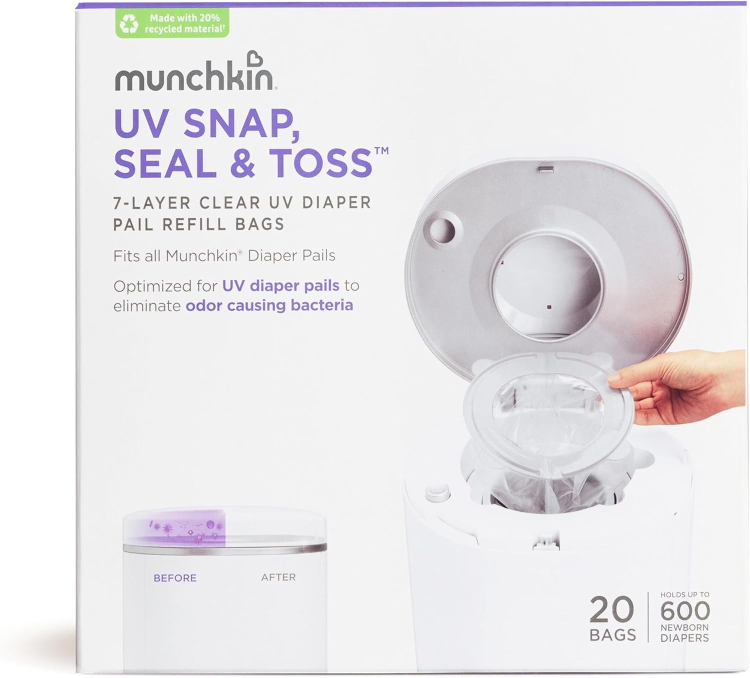 Munchkin® Uv Snap, Seal & Toss™ Diaper Pail Refill Bags, Holds Up To 600 Newborn Diapers, 20 Pack