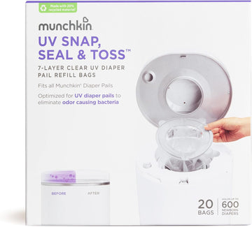 Munchkin® Uv Snap, Seal & Toss™ Diaper Pail Refill Bags, Holds Up To 600 Newborn Diapers, 20 Pack