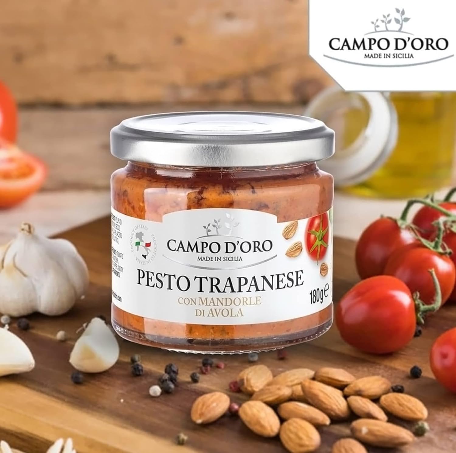 Trapanese Pesto Sauce, Made With Tomato Sauce, Basil & Almonds. Italian Specialties. 6.3Oz (180G). 100% Made In Italy. By Campo D'Oro