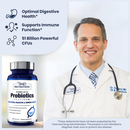 1MD Nutrition Complete Probiotics Platinum - w/Prebiotics and Probiotics for Digestive Health - Probiotic Supplement for Women & Men - More Than 50 Billion Live CFU 11 Strains Dairy-Free - 30 Caps