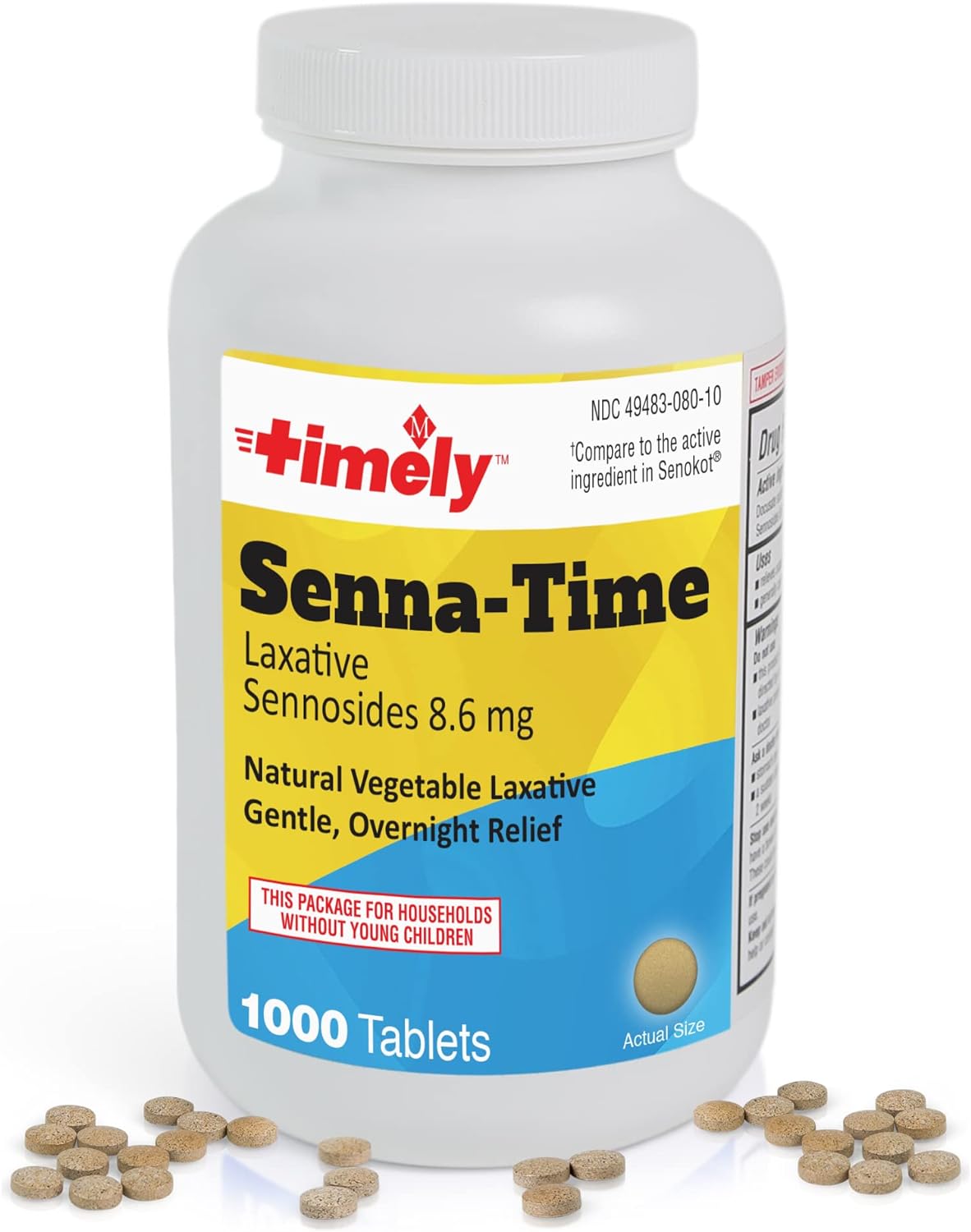 Timely Senna Time Laxative - 1000 Count Tablets - Compared to The Active Ingredients in Senokot - Natural Vegetable Based Laxatives for Constipation Relief, Gentle Overnight Relief and Stool Softener