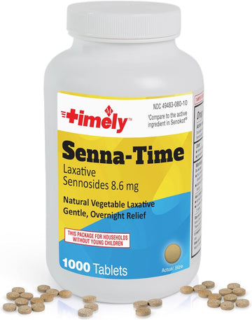 Timely Senna Time Laxative - 1000 Count Tablets - Compared to The Active Ingredients in Senokot - Natural Vegetable Based Laxatives for Constipation Relief, Gentle Overnight Relief and Stool Softener