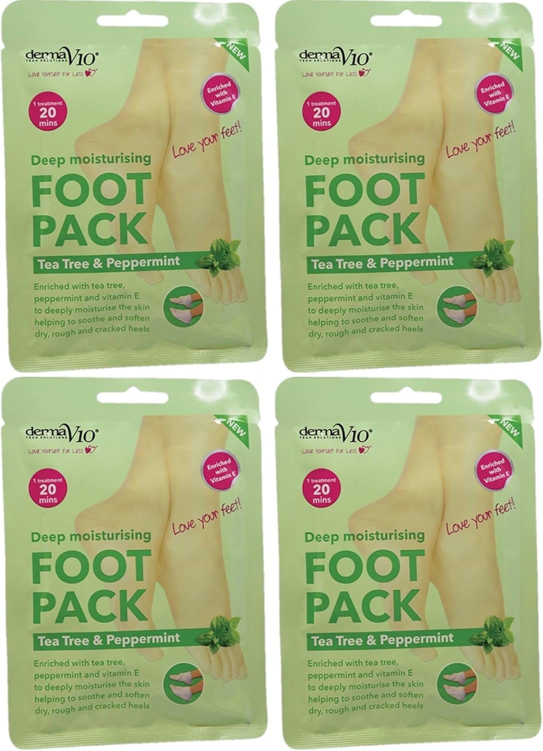 Derma V10 Foot Pack Mask (4 Pack) Deep Moisturising Tea Tree And Peppermint Oil, Honey And Almond Oil Moroccan Argan Oil & Hemp Seed Oil (Tea Tree And Peppermint Oil)