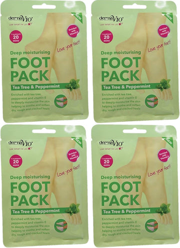Derma V10 Foot Pack Mask (4 Pack) Deep Moisturising Tea Tree And Peppermint Oil, Honey And Almond Oil Moroccan Argan Oil & Hemp Seed Oil (Tea Tree And Peppermint Oil)