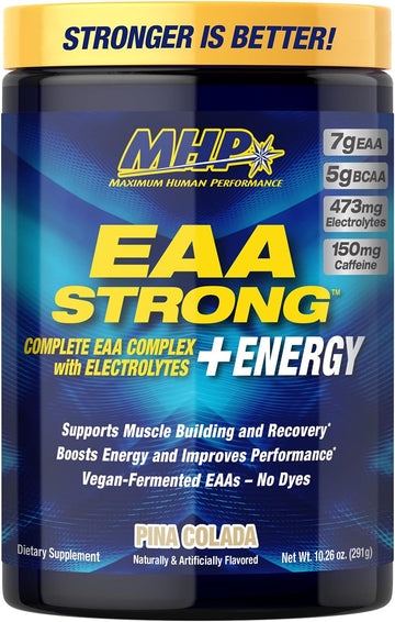 EAA Strong + Energy, Essential Amino Acid Supplement, All 9 EAAs, BCAAs, Electrolytes, Coconut Water, Pre-Workout Enhances Muscle Building, Performance, Recovery, Caffeine, Pina Colada, 30 Servings