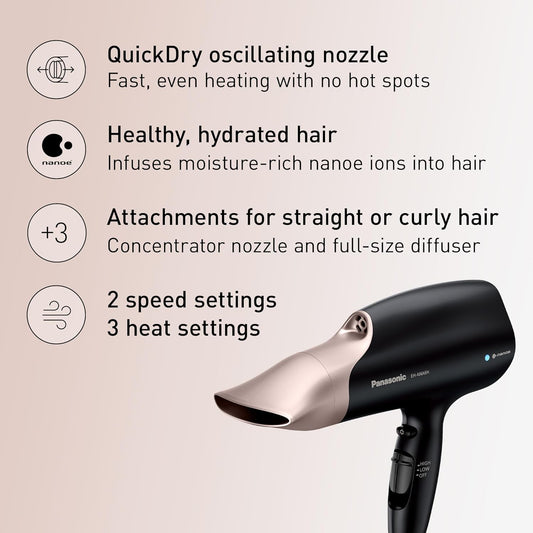 Panasonic Nanoe Salon Hair Dryer with Quick-Dry Oscillating Nozzle, Diffuser Attachment for Curly, Wavy Hair, 3-Speed Heat Setting for Easy Styling & Healthy Hair, EH-ANA6HN (Black/Pink Gold)