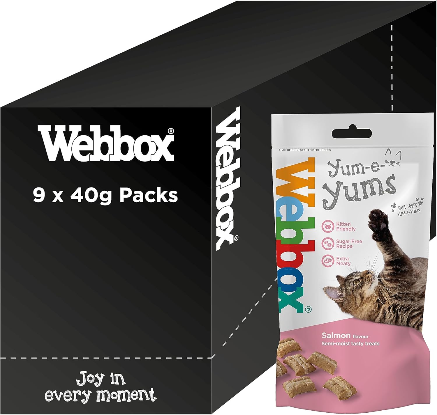 Webbox Yum-e-Yums Semi-Moist Cat Treats, Salmon - Kitten Friendly, Added Taurine, Wheat and Grain Free Recipe with No Artificial Colours (9 x 40g Bags)