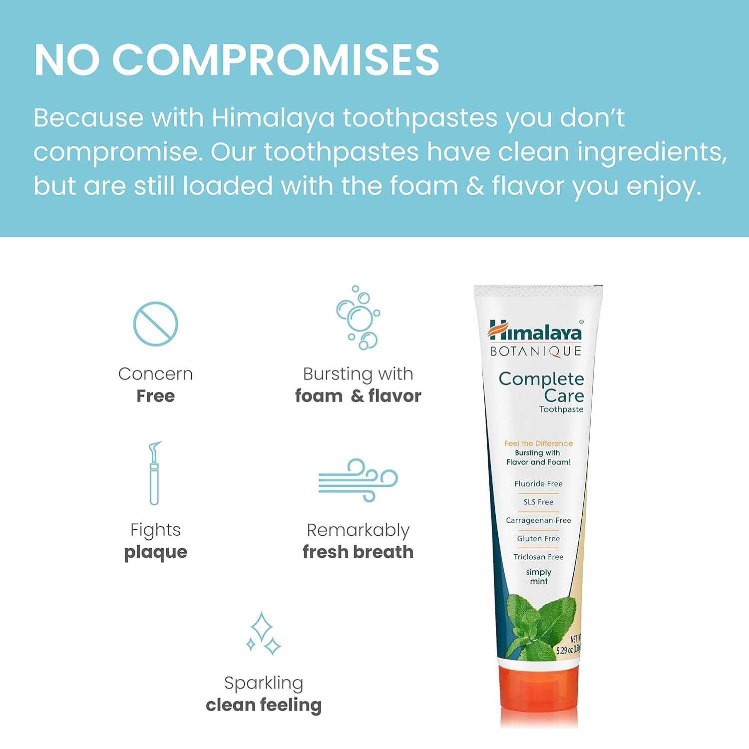 Himalaya Botanique Complete Care Toothpaste, Herbal, Mint Flavor, Fights Plaque, Freshens Breath, Fluoride Free, No Artificial Flavors, SLS Free, Cruelty Free, Foaming, 5.29 Oz, 4 Pack : Health & Household