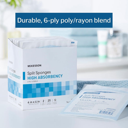 Mckesson Split Sponges High Absorbency, 6-Ply Sterile, I.V. And Tracheostomy Dressings, Polyester / Rayon Blend, 4 In X 4 In, 2 Per Pack, 300 Packs, 600 Total