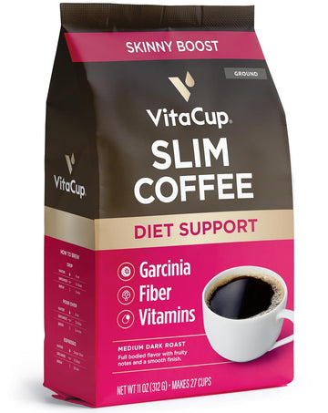 Vitacup Slim Ground Coffee, Diet Support With Ginseng, Garcinia, B Vitamins, Medium Dark Roast, Bold And Smooth,100% Arabica Specialty Coffee Grounds, 11Oz