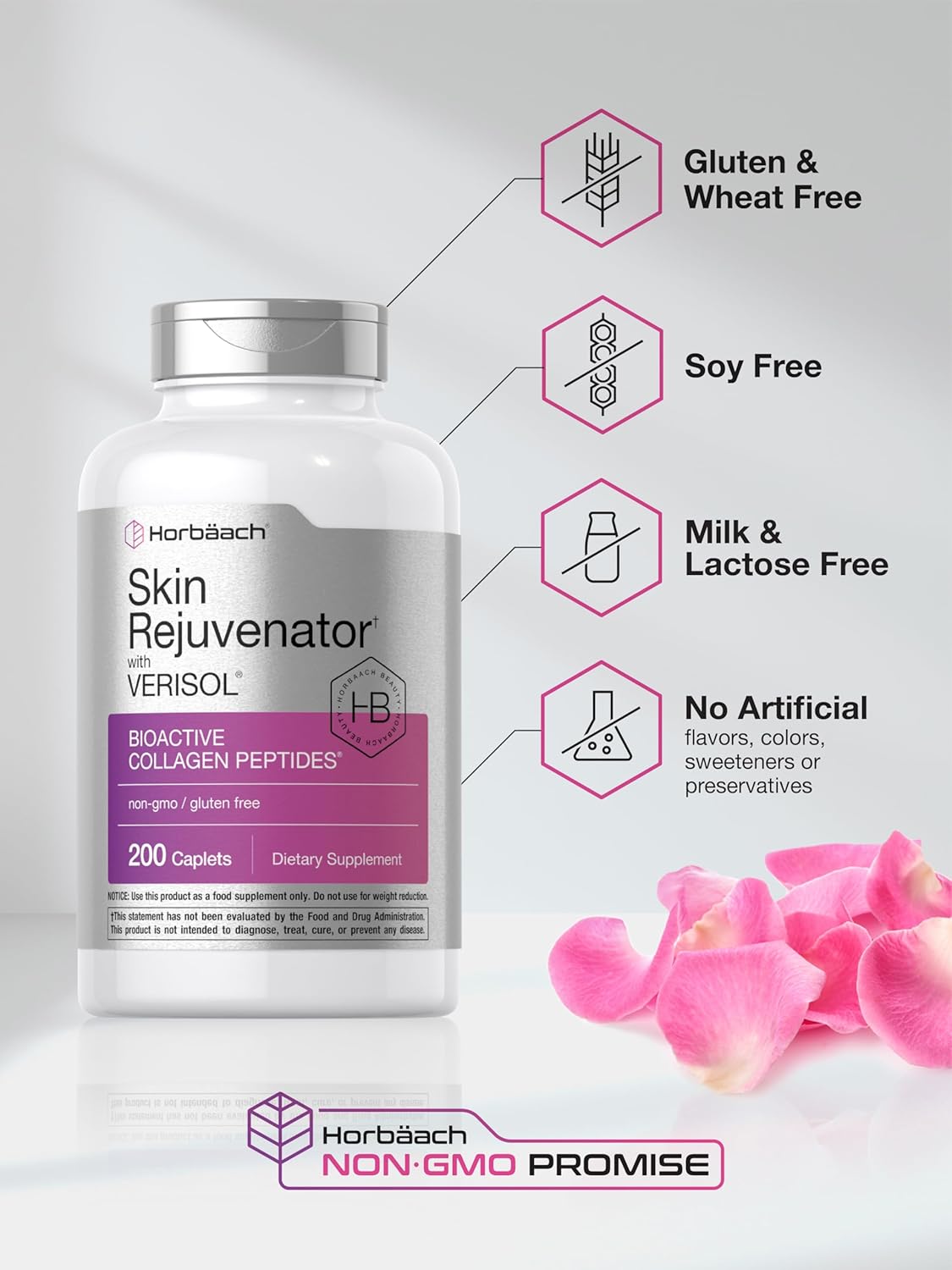 Horbäach Skin Rejuvenator with Verisol | Bioactive Collagen Peptides | 200 Caplets | Non-GMO, Gluten Free Supplement : Health & Household