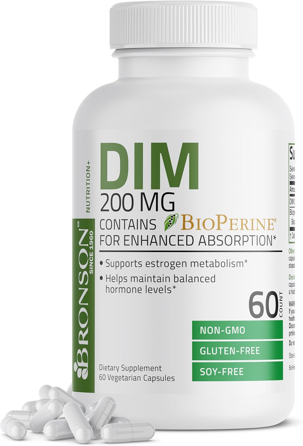 Bronson Dim Supplement 200 Mg Diindolymethane With Bioperine For Enhanced Absorption, Estrogen Metabolism & Maintains Balanced Hormone Levels, 60 Vegetarian Capsules