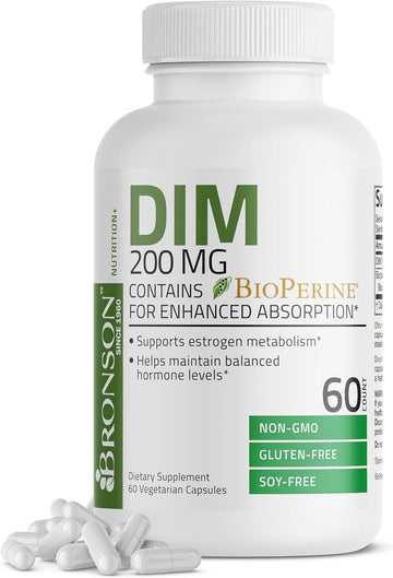 Bronson Dim Supplement 200 Mg Diindolymethane With Bioperine For Enhanced Absorption, Estrogen Metabolism & Maintains Balanced Hormone Levels, 60 Vegetarian Capsules