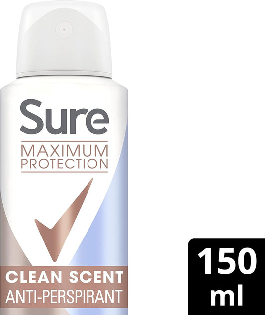 Sure Maximum Protection Clean Scent Anti-Perspirant Deodorant Aerosol 96H Protection Anti-Perspirant Deodorant Spray For 3X Stronger* Sweat Protection 150 Ml