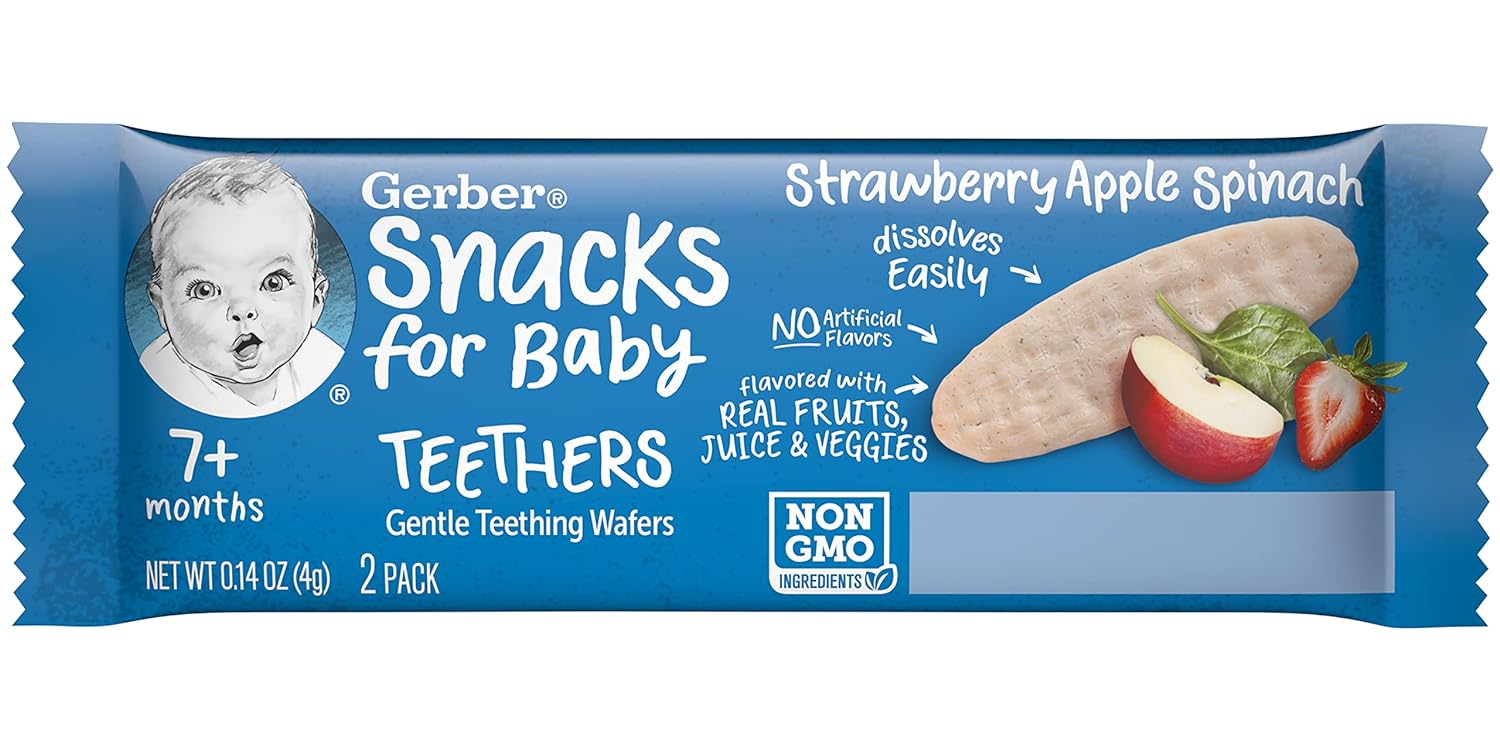 Gerber Snacks for Baby Teethers, Strawberry Apple Spinach, Gentle Teething Wafers, Non-GMO Ingredients, 12 Individually Wrapped 2-Packs/Box (Pack of 3 Boxes) : Baby