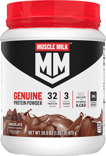 Muscle Milk Genuine Protein Powder, Chocolate, 1.93 Pounds, 12 Servings, 32G Protein, 3G Sugar, Calcium, Vitamins A, C & D, Nsf Certified For Sport, Energizing Snack, Packaging May Vary