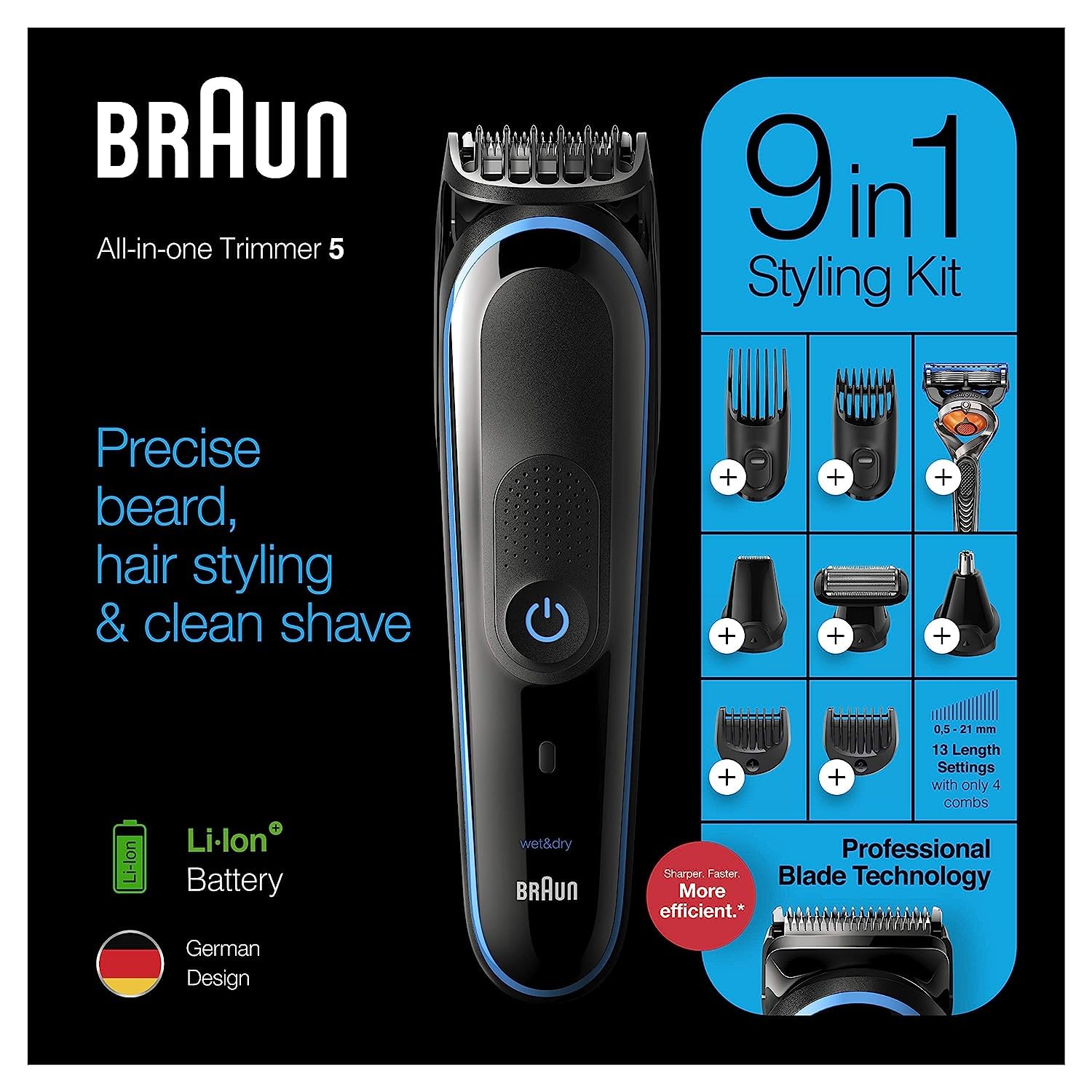 Braun Hair Clippers for Men 9-in-1 Beard, Ear and Nose Trimmer, Mens Grooming Kit, Body Groomer, Cordless & Rechargeable with Gillette ProGlide Razor, Black/Blue : Beauty & Personal Care