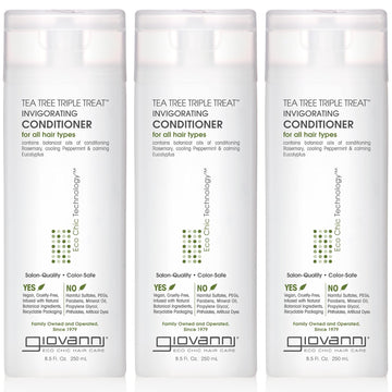 Giovanni Tea Tree Triple Treat Invigorating Conditioner - Cooling Peppermint, Eucalyptus, Rosemary, Helps Dry Flaking Scalp, Paraben Free, Helps To Moisturize, Smooth & Detangle- 8.5 Oz (3 Pack)