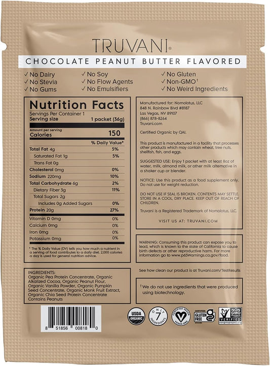 Truvani Vegan Pea Protein Powder | Chocolate Peanut Butter | 20G Organic Plant Based Protein | 1 Serving | Keto | Gluten & Dairy Free | Low Carb | No Added Sugar