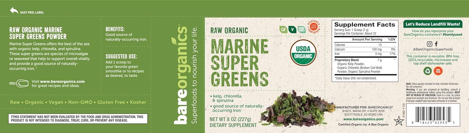 BareOrganics Marine Super Greens Powder | USDA Organic, Gluten-Free, Vegan, Non-GMO, BPA-Free | Kelp, Chlorella, Spirulina, 8oz : Health & Household