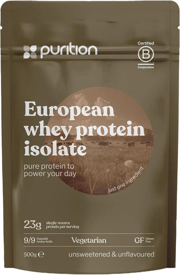 Purition - 100% Whey Protein Isolate, 93% Protein, Triple-Filtered, Unsweetened, Unflavoured, Soy Free, Low Fat, 23G Protein Per Serving, 20 Servings - 500G