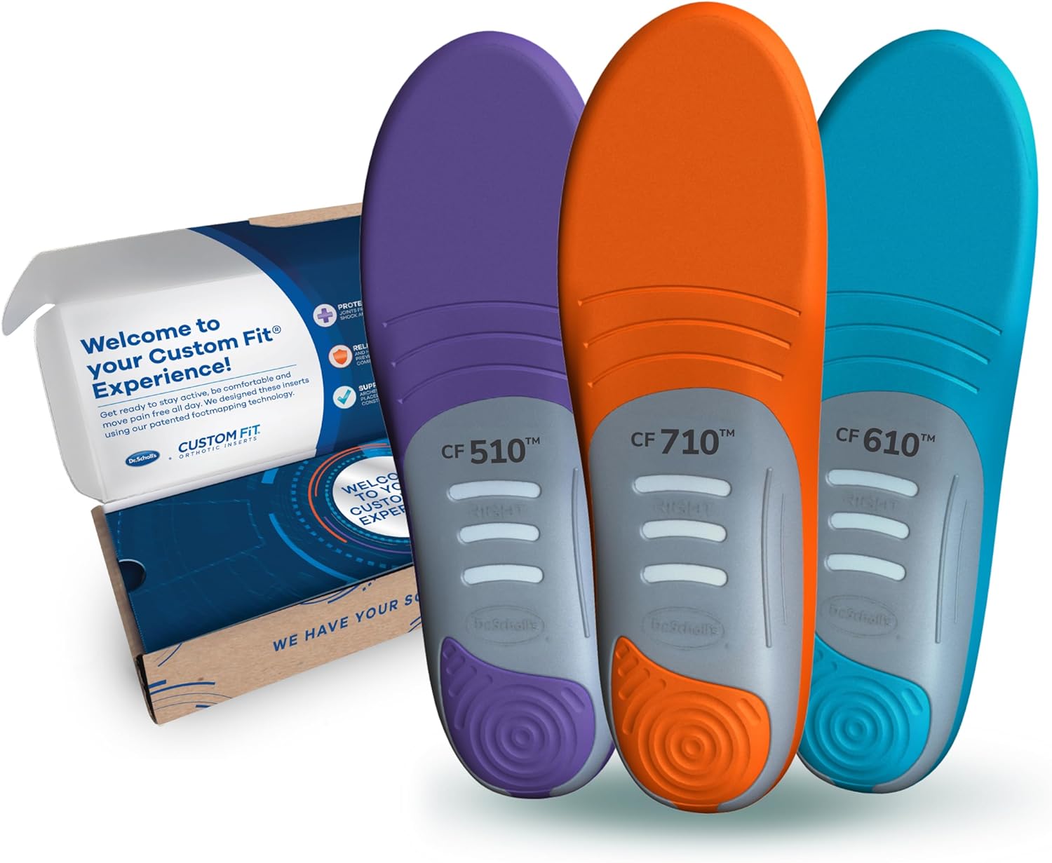 Dr. Scholl’s Custom Fit Comfort CF 750, All-Day Superior Comfort Insoles, Low Arch Support Shoe Inserts for Women Size 9.5-10, Men 8.5-9, Full Length Insoles Men Women, Full-Foot Cushioning