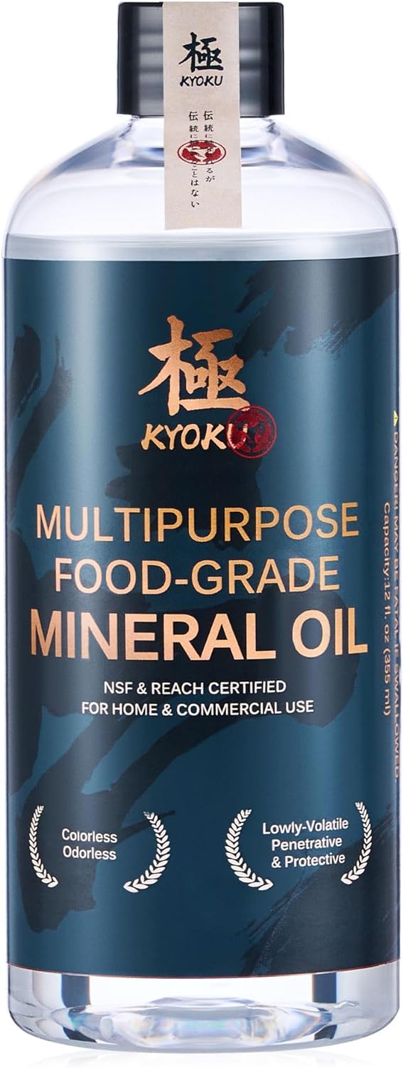 KYOKU Food Grade Mineral Oil, 12 fl. oz. Cutting Board Oil for Wooden Utensil, Teak Wood Conditioner Protects and Restores Bamboo Butcher Block Marble Countertop Stainless Steel Appliance Knife