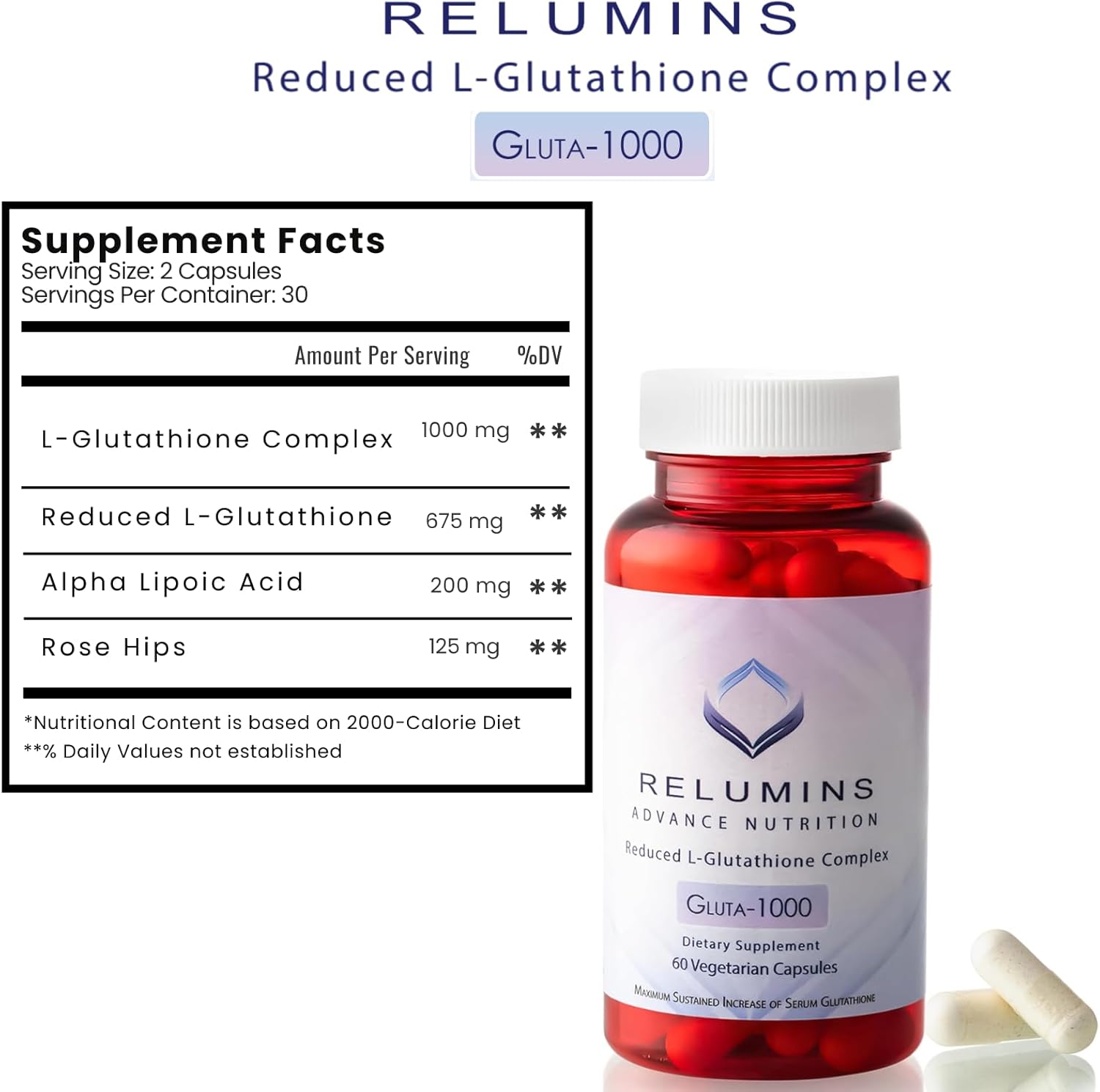 Relumins L Glutathione Supplement Complex - Reduced Glutathione 1000Mg With Alpha Lipoic Acid & Rose Hips Capsules For Nourished & Smoother Skin, 60 Caps X 5 Bottles : Health & Household