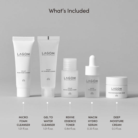 Lagom Mini 5-Step Travel Kit | Daily Cleansing Skincare Kit, Gel To Water, Micro Foam Cleanser, Niacin Serum, Deep Moisture Cream, Korean Skin Care Trial Kit