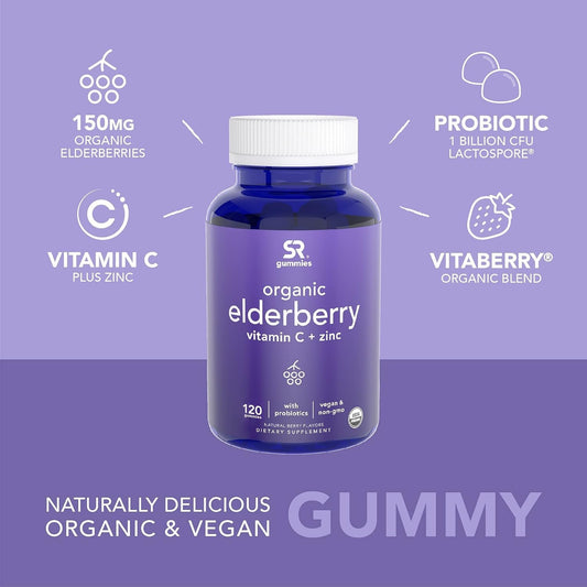 Sports Research Elderberry Gummies Concentrate With Vitamin C, Zinc & Probiotics For Immune Support & Gut Health | Usda Organic, Vegan Certified & Non-Gmo Verified (60 Gummies)