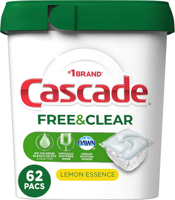 Cascade Free & Clear Actionpacs, Dishwasher Detergent, Lemon Essence, 62 Count