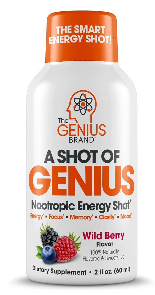 Shot Of Genius, Nootropic Energy Shots, 6 Count - The Smart Energy Drink With Alpha Gpc, L-Theanine & Natural Caffeine - Extra-Strength Brain Supplement - No Artificial Dyes, Flavors, Or Sweeteners
