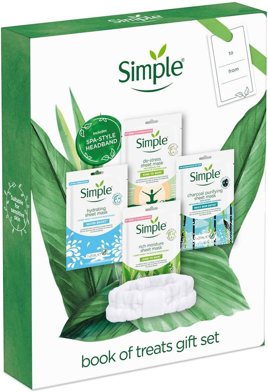 Simple Book Of Treats Four Sheet Masks For Every Skin Condition With A Stretch Head Band Gift Set Festive Gifts For Women 4 Piece