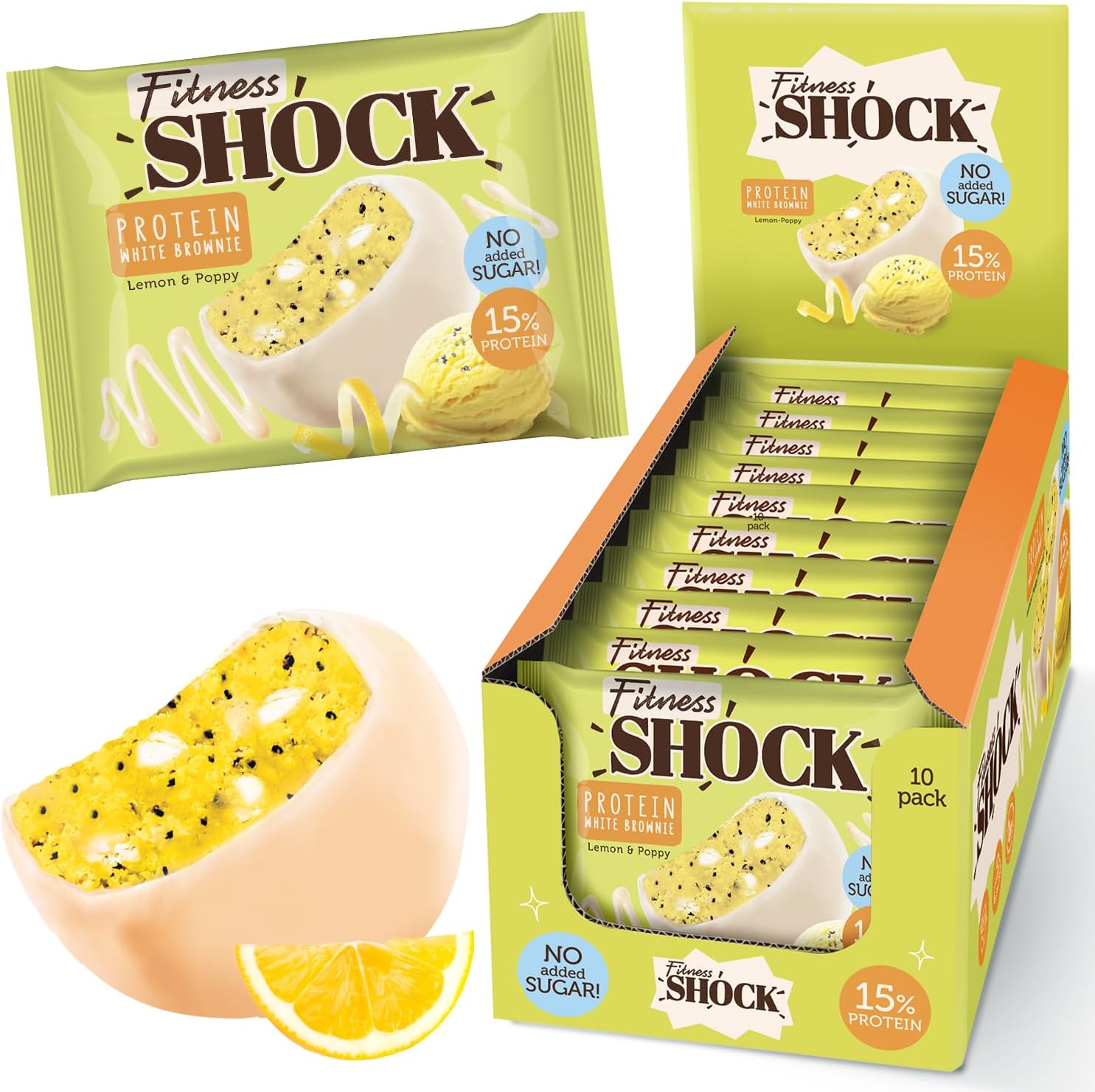 Fitnesshock Protein Brownie Dark Chocolate, No Added Sugar, 15%/7,5G Protein, 233Kcal, Pre/Post Workout Snack - No Palm Oil, Filling Dietary Fibre, Soft Texture, 9X50G - Variety Pack