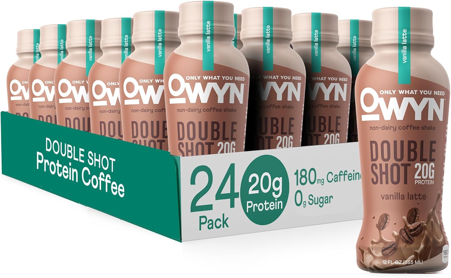 Owyn Only What You Need Double Shot Coffee Protein Shake, 180Mg Caffeine, 20G Delicious Vegan Protein, Zero Sugar, Zero Net Carbs, Vanilla Latte, 12 Fl Oz (24 Pack)