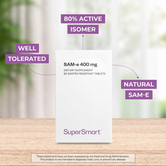 Supersmart - Sam-E 400Mg (80% Active Isomer S,S) - Advanced S-Adenosyl Methionine Sam-E Supplement | Non-Gmo & Gluten Free - 60 Enteric Coated Tablets