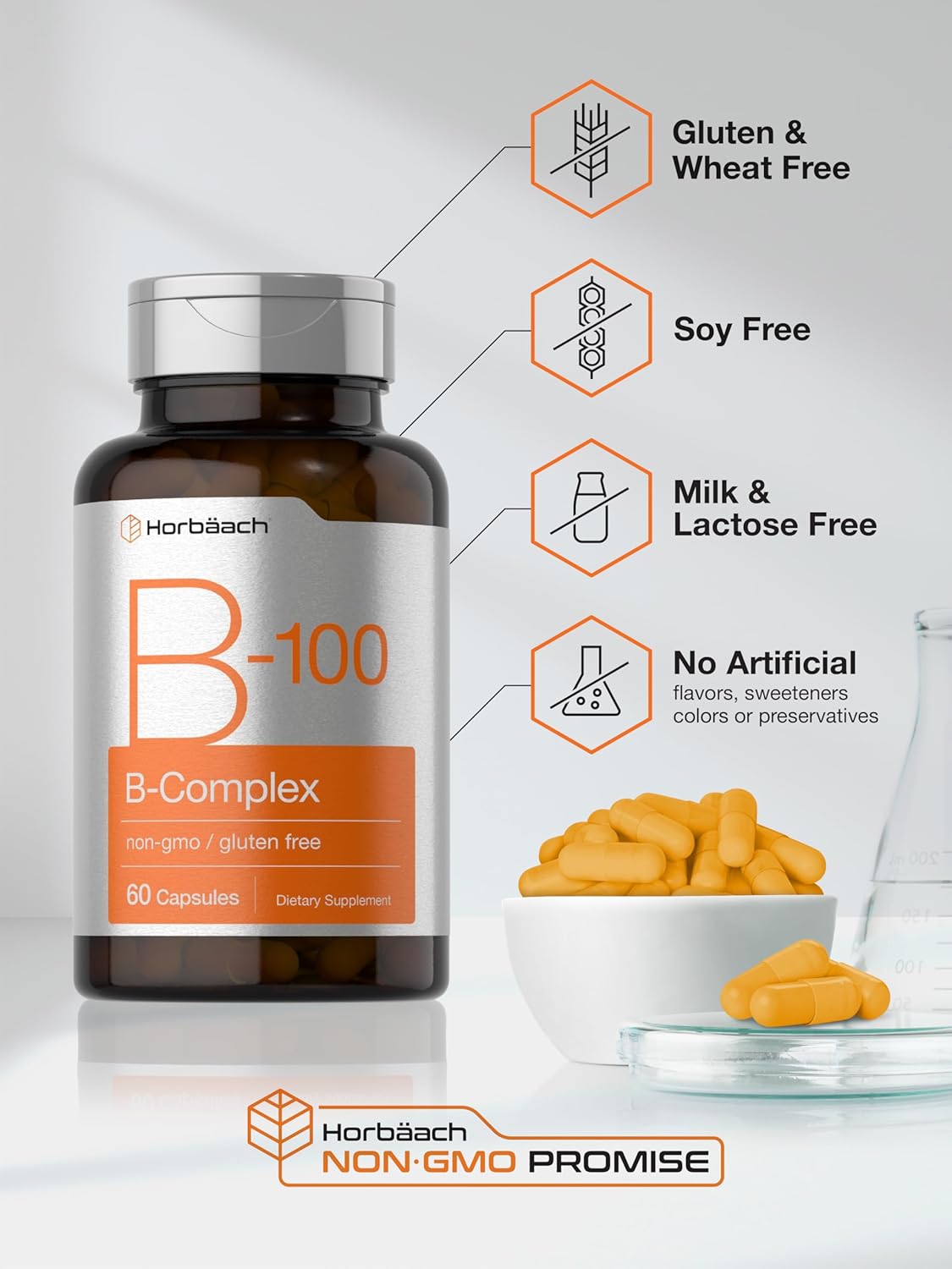 Horbäach Vitamin B-100 Complex | 60 Quick Release Capsules | Non-GMO and Gluten Free Supplement : Health & Household