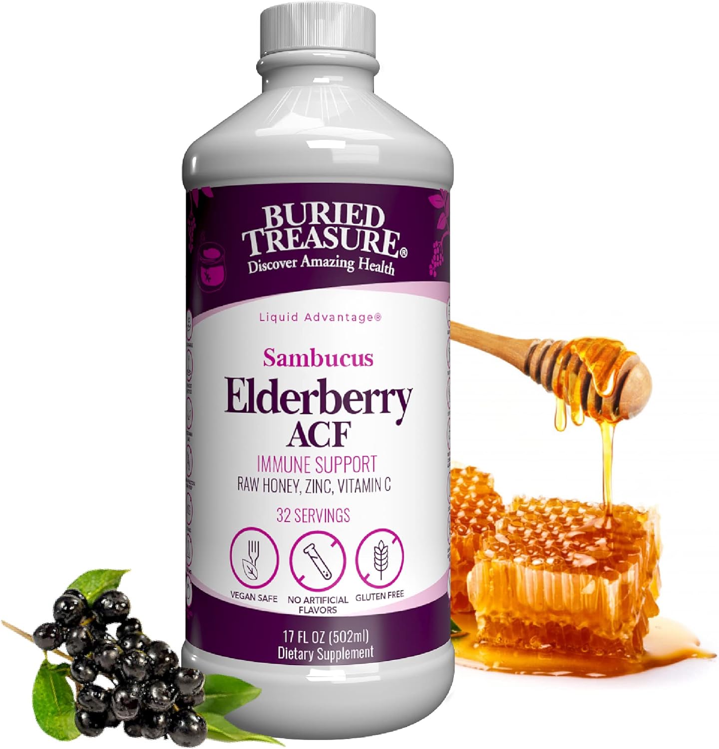 Buried Treasure Elderberry ACF with 4,000 mg Elderberry Sambucus Whole Fruit Concentrate, Vitamin C Plus Raw Local Honey Liquid Immune Support 16 oz