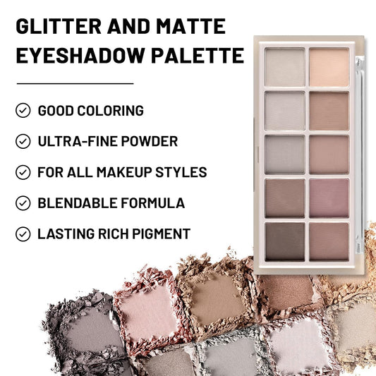 Kyda 10-Color Neutral Taupe Matte Eyeshadow Palette - High Pigmented Nude Brown & Smokey Grey Shades