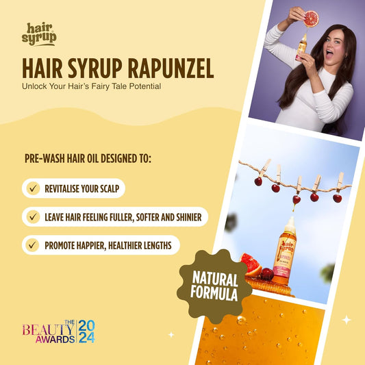 Hair Syrup | Rapunzel Pre-Wash Hair Oil | Infused With Pink Grapefruit, Sweet Almond & Cherry | Revitalise Your Scalp & Mind | Vegan | 100% Natural | 300Ml Pump Bottle Applicator
