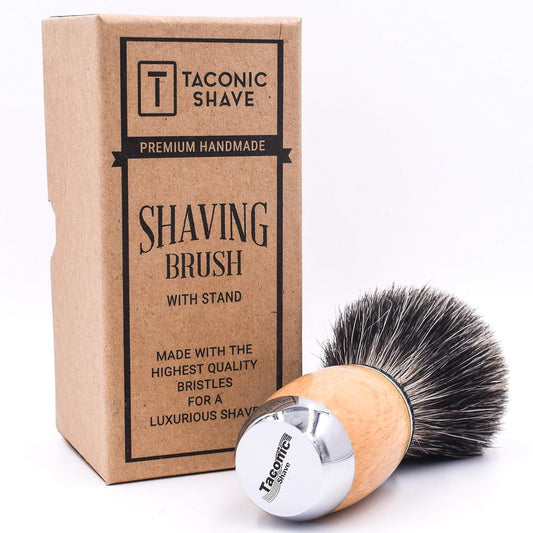 Taconic Shave 100% Mixed Badger Shaving Brush – Extra-Dense 22 Mm Knot For Rich Lather, Beechwood & Chrome Ergonomic Handle + Lucite Stand Included