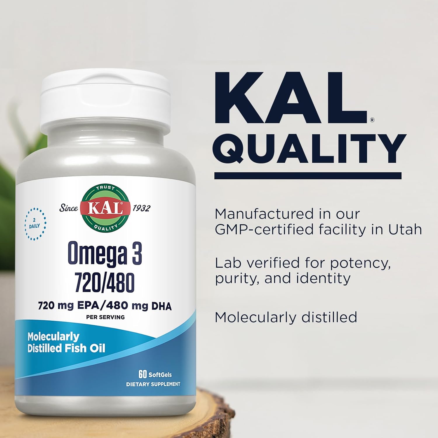 KAL Omega 3 Fish Oil 2,400 mg - 720/480 EPA DHA Supplements - Eye, Bra