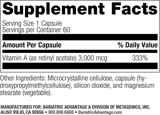 Bariatric Advantage Vitamin A 3,000 Mcg - For Bariatric Surgery Patients - Easy-Digest Mini Capsules - Vitamin A Supplements - Eye Health Support* - 60 Count