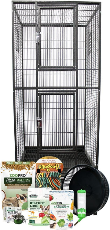 Madagascar Cage & Starter Package For Sugar Gliders - Includes Durable Cage, Exercise Wheel, Healthy Food Assortment, Water Bottle, Food Dishes & Nest Pouch