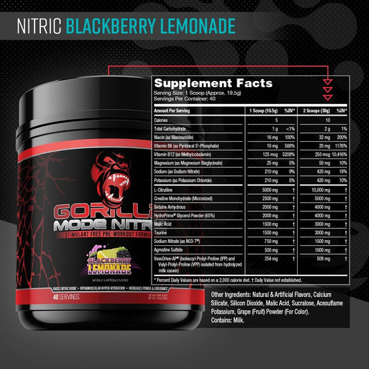 Gorilla Mind - Gorilla Mode Nitric Upgraded Stimulant Free Pre-Workout – Best Tasting & Most Effective Stimulant Free Pre-Workout/Massive Pump · Vasodilation · Power / 780 Grams (Blackberry Lemonade)