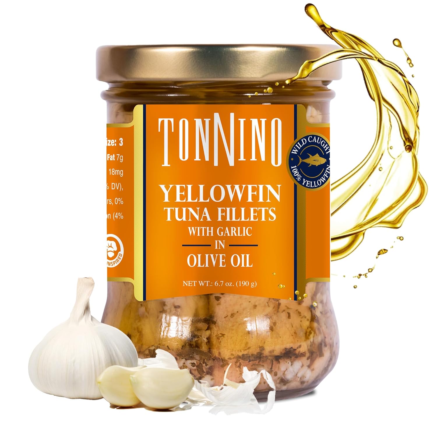 Tonnino Yellowfin Tuna in Olive Oil with Garlic 6.7 oz - 6-Pack: Omega-3, High Protein, Gluten-Free, Ready-to-Eat Tuna Packets for Tuna Salad, Tuna Fish Alternative to Salmon, Rich Flavor Tuna fish