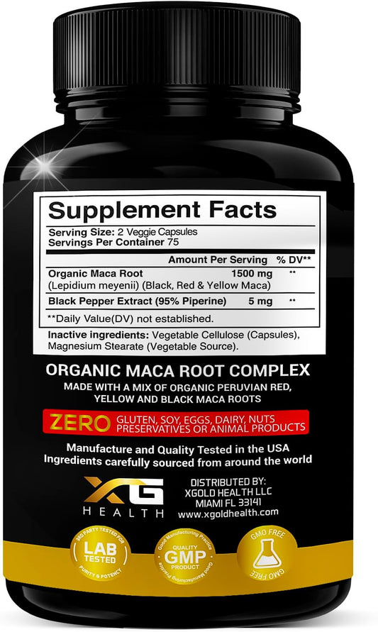 X Gold Health Organic Maca Root Powder Capsules 1500mg with Black | Red & Yellow Peruvian Maca Root Extract Gelatinized, Energy & Mood Supplement for Men & Women + Black Pepper for Best Benefits